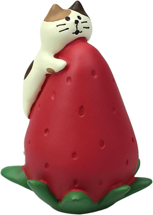 Cute Miniature Cat Figurine Resting on a Strawberry Resin Mini Cat Figures, Kitten Miniature Desk Accessories - Perfect Cute Cat Gift for Cat Lovers
