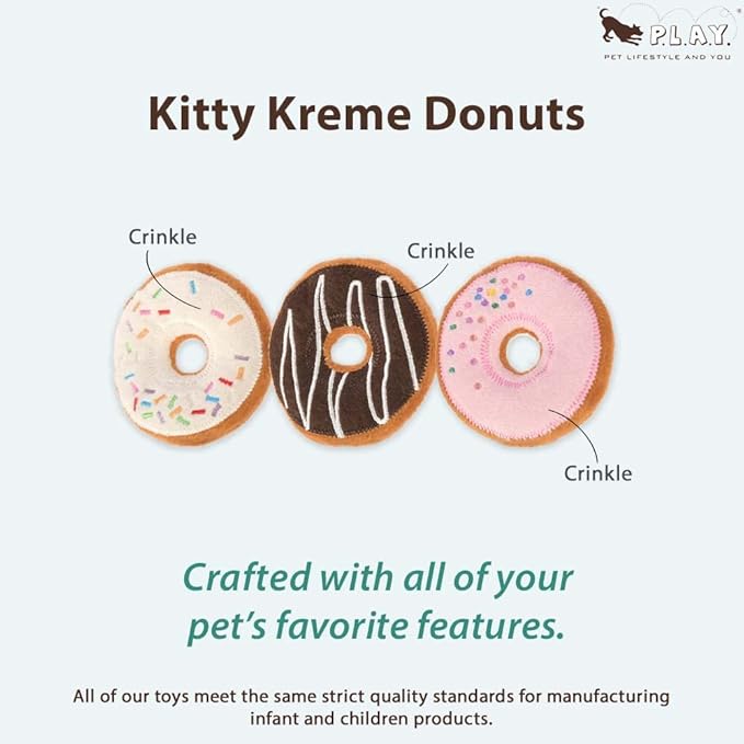 P.L.A.Y. Cute Cat Toys - Feline Frenzy Dessert Food Themed Organic Catnip Filled Toy, Great for Adult Cats and Kittens - Machine Washable, Recycled Materials, Crinkles (Kitty Kreme Donuts, Set of 3)