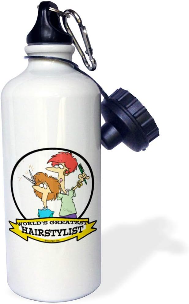 3dRose "Funny Worlds Greatest Hairstylist Cartoon" Sports Water Bottle, 21 oz, White
