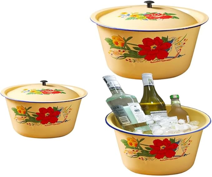 Ice Bucket 3 PCS(2.8L, 4.6L, 6.6L), UNOSCHRIM Retro Style Enamel Ice Tub in Beach Parties, Fruit Ice Bucket with Lid, Versatile Bottle Drink Cooler for Champagne, Wine, Beer or Whiskey