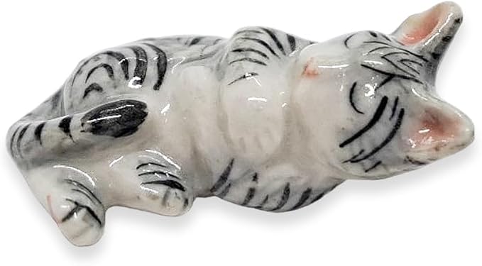 WitnyStore Tiny 1" Long Gray White Tabby Shorthair Cat Sleeping Figurine - Miniature Hand Made Painted Ceramic Cats Kitten Feline Animal Cute Porcelain Decorative Collectible Figurines Décor Gifts