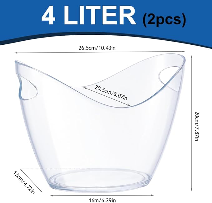 Ice Bucket 2 PCS, Acrylic Clear Wine Bucket 4 Liter Beverage Tub Champagne Wine Bucket for Parties and Drinks, Food Grade, Perfect for Wine, Champagne or Beer Bottles