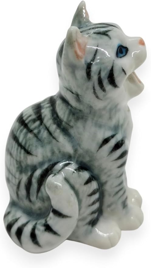 WitnyStore Tiny 1⅜" Long Gray White Tabby Shorthair Cat Sitting Yawn Figurine - Miniature Hand Made Painted Ceramic Cats Kitten Feline Animal Cute Porcelain Decorative Collectible Figures Décor Gifts