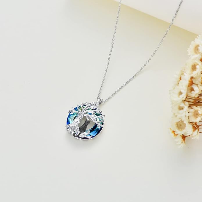 TOUPOP Cat Gifts for Cat Lovers Sterling Silver Cute Cat Tree of Life Pendant Necklace with Blue Circle Crystal Birthday Christmas Jewelry Gifts for Women