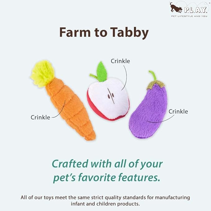 P.L.A.Y. Cute Cat Toys - Feline Frenzy Fruit & Vegetable Food Themed Catnip Filled Toy, Great for Adult Cats and Kittens - Machine Washable, Recycled Materials, Crinkles (Farm to Tabby, Set of 3)