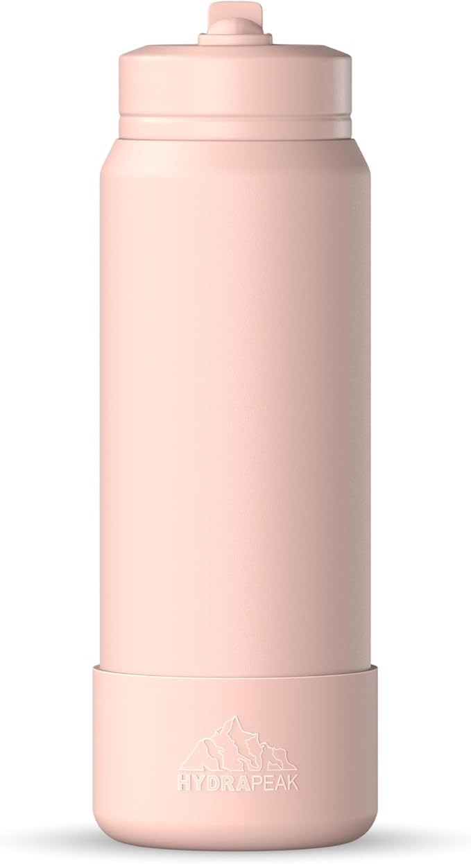 Hydrapeak 26oz Sport Insulated Water Bottle with Straw or Chug Lid, Leak & Spill Proof, Keeps Drinks Cold for 24 Hours, Hot for 12 Hours, Premium Stainless Steel Water Bottles (26oz, Peony)