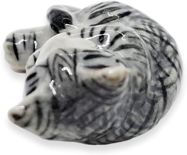 WitnyStore Tiny 1" Long Gray White Tabby Shorthair Cat Sleeping Figurine - Miniature Hand Made Painted Ceramic Cats Kitten Feline Animal Cute Porcelain Decorative Collectible Figurines Décor Gifts
