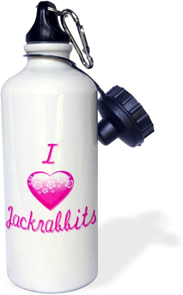 3dRose "Pretty Pink Flowery I Love Jackrabbits" Sports Water Bottle, 21 oz, White