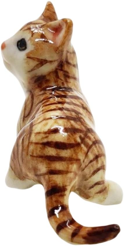 WitnyStore Tiny 1½" Long Brown White Tabby Shorthair Cat Tiptoeing Figurine - Miniature Hand Made Painted Ceramic Cats Kitten Feline Animal Cute Porcelain Decorative Collectible Figurines Décor Gifts