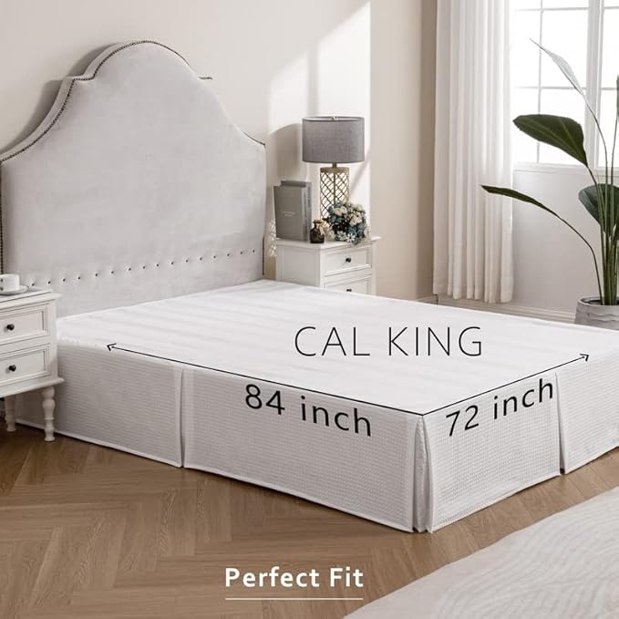 MIYE Pleated Waffle Weave Bed Skirt, Tailored Dust Ruffle 16 Inch Drop Easy Fit, Machine Washable (White,Cal King - 16" Drop)