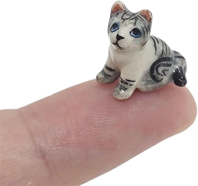 WitnyStore Tiny ½ Inch Gray White Tabby Shorthair Cat Sit Look Up Figurine - Miniature Hand Made Painted Ceramic Cats Kittens Feline Animals Cute Porcelain Decorative Collectible Figures Décor Gifts