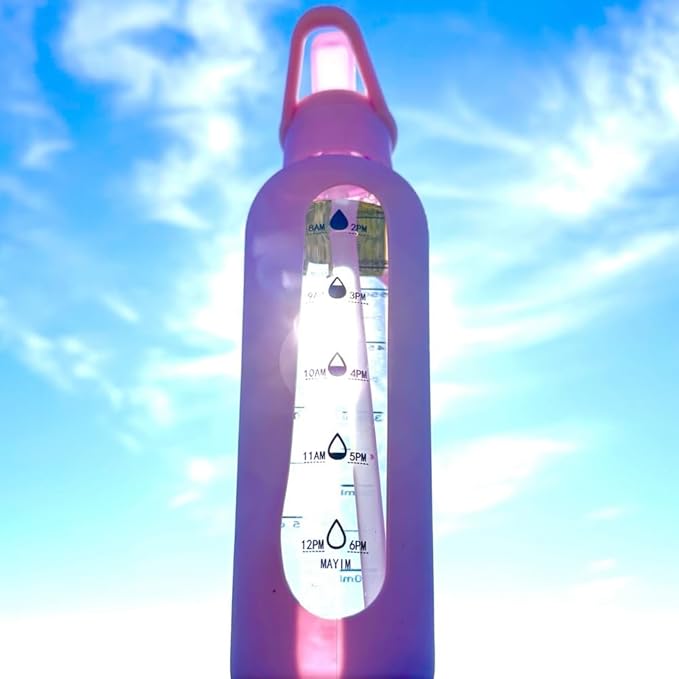 Mayim 24 Oz Glass Tumbler with Straw and Handle, Reusable Motivational Glass Water Bottle with Silicone Sleeve and Time Marker, Leak Proof Borosilicate Water Bottle -Slate