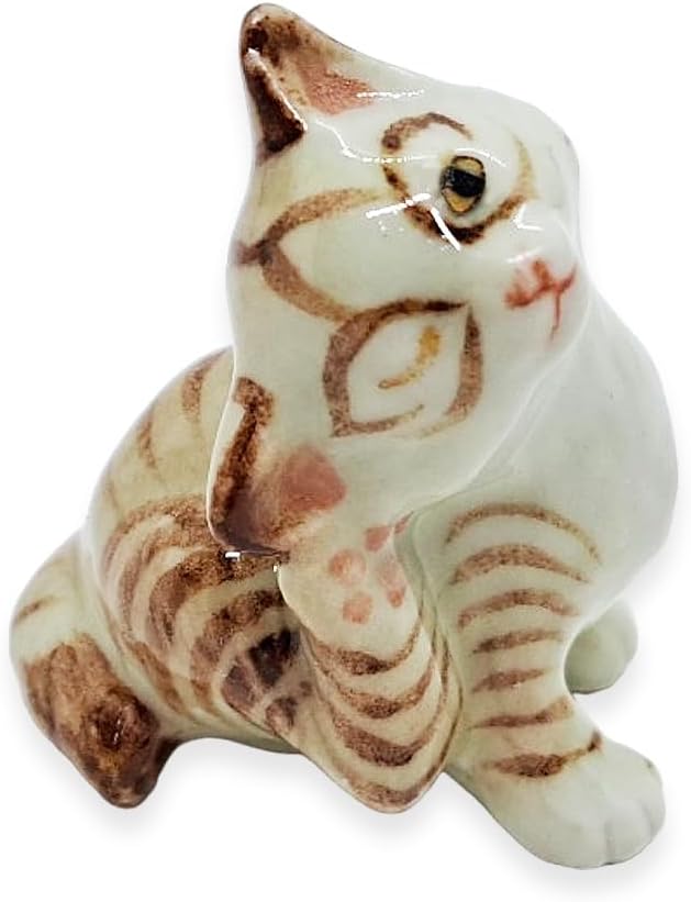 WitnyStore Tiny 1½" Brown White Tabby Shorthair Cat Scratching Ear Figurine - Miniature Hand Made Painted Ceramic Cats Kitten Feline Animal Cute Porcelain Decorative Collectible Figurines Décor Gifts