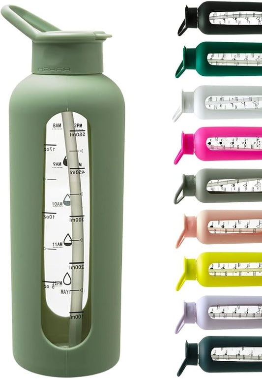 Mayim 24 Oz Glass Tumbler with Straw and Handle, Reusable Motivational Glass Water Bottle with Silicone Sleeve and Time Marker, Leak Proof Borosilicate Water Bottle -Sage