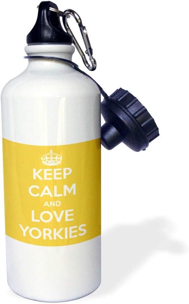 3dRose Keep Calm and Love Yorkies, Yellow Sports Water Bottle, 21 oz, White