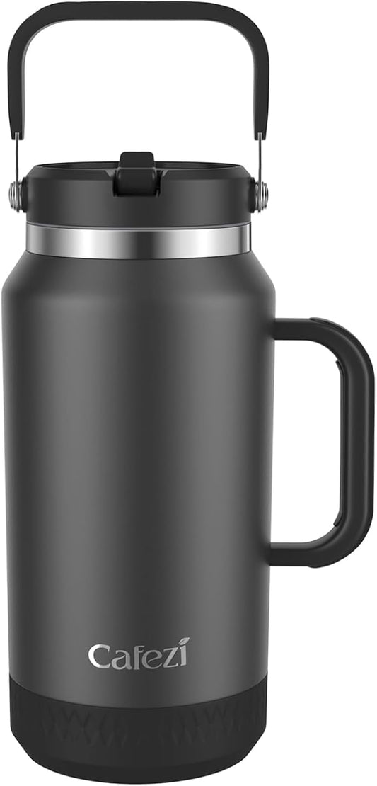 64oz Insulated Water Bottle with Flip Straw Lid - Leak-Proof, Sweat-Free, Top and Easy-Grip Side Handle, Silicone-Wrapped for Comfort, Iced for 34 Hours, Wide Mouth, BPA-Free, Anti-Slip Base