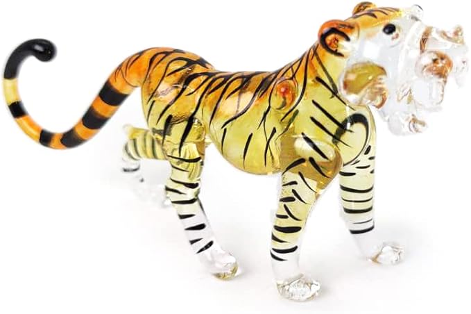 WitnyStore Tiny 3¾" Long Yellow Black Standing Tiger Roaring Figurine - Miniature Hand Blown Painted Glass Panthera Wild Cat Small Crystal Wildlife Animals Decorative Collectible Figurines Décor Gifts