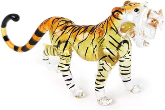 WitnyStore Tiny 3¾" Long Yellow Black Standing Tiger Roaring Figurine - Miniature Hand Blown Painted Glass Panthera Wild Cat Small Crystal Wildlife Animals Decorative Collectible Figurines Décor Gifts