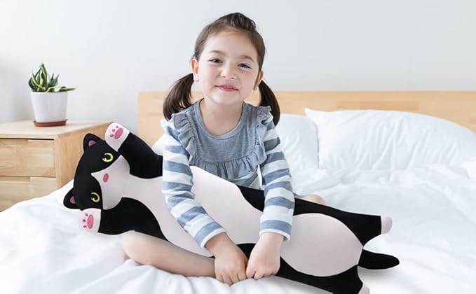 Soft Plush Cute Cat Body Pillow, Long Stuffed Cat Plush Toy Kitten Throw Pillow Gift for Kids, Girlfriend (90CM, Black)