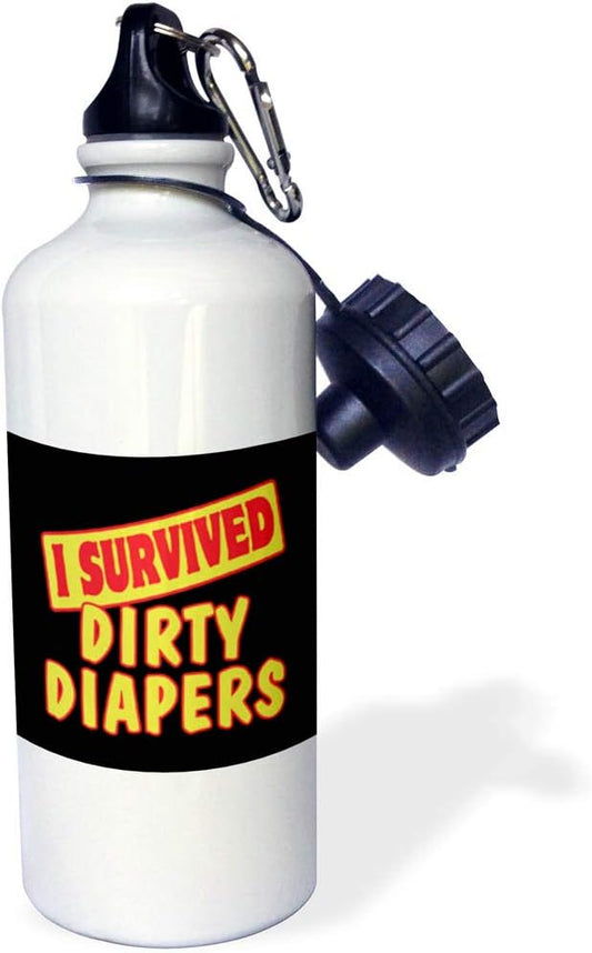 3dRose "I Survived Dirty Diapers Survial Pride And Humor Design" Sports Water Bottle, 21 oz, White