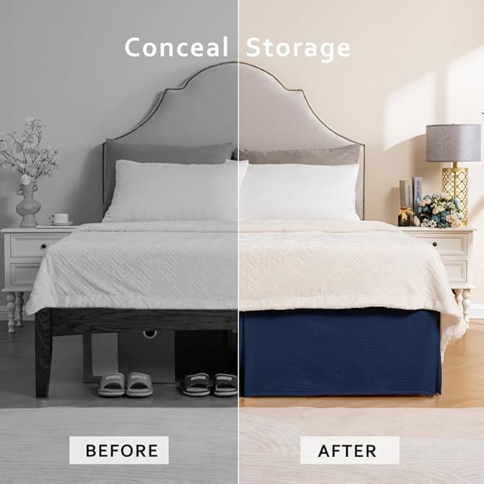 MIYE Pleated Waffle Weave Bed Skirt, Tailored Dust Ruffle 14 Inch Drop Easy Fit, Machine Washable (Navy Blue, Queen - 14" Drop)