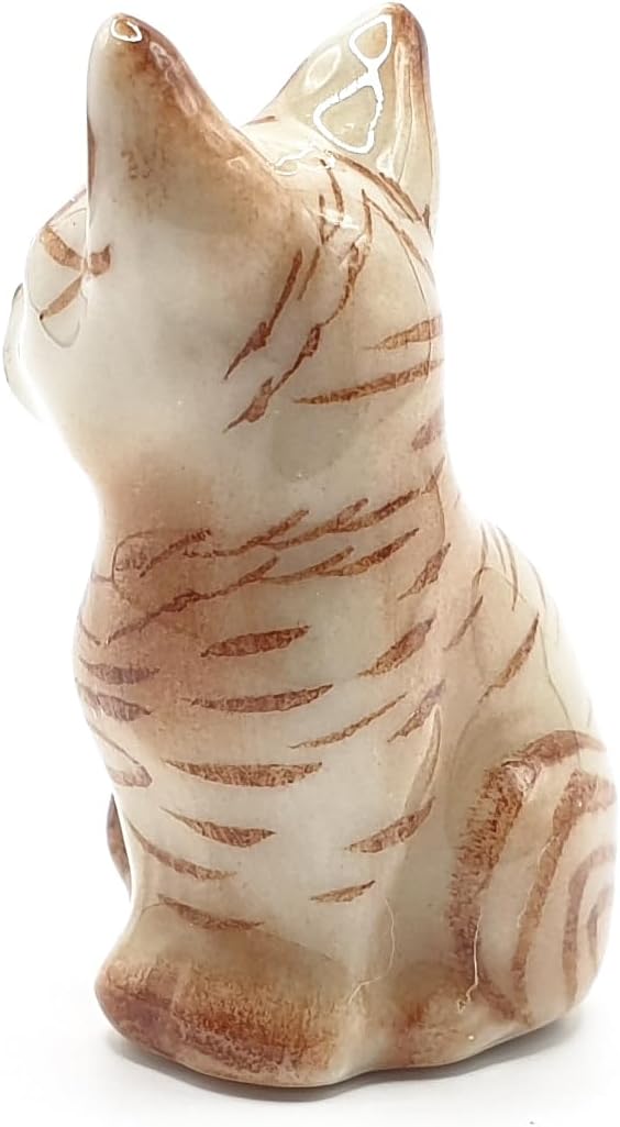 WitnyStore Tiny 1" Brown Tabby Shorthair Cat Sitting Look Right Figurine - Miniature Hand Made Painted Ceramic Cats Kitten Feline Animal Cute Porcelain Decorative Collectible Figurines Décor Gifts