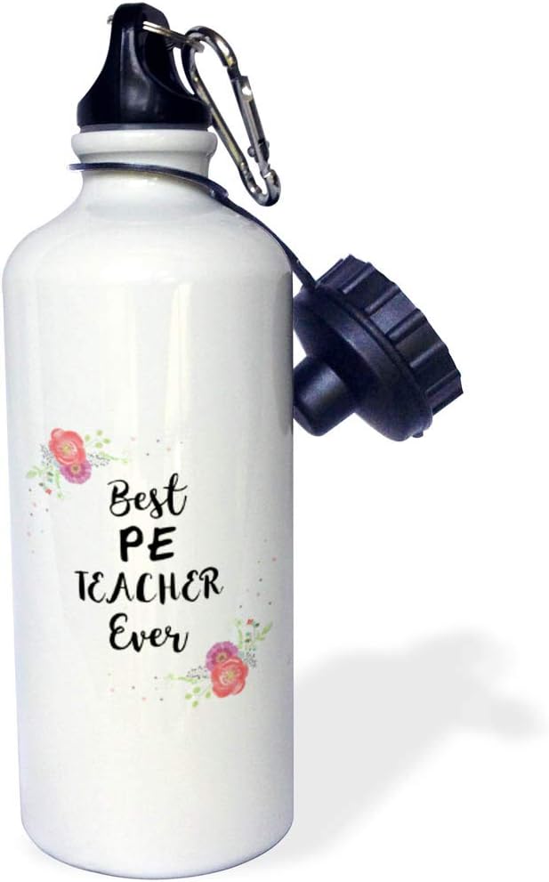 3dRose Water Bottle, 10.5" by 4.5", Floral Best PE Teacher Ever pink flowers Sport teaching sports gift
