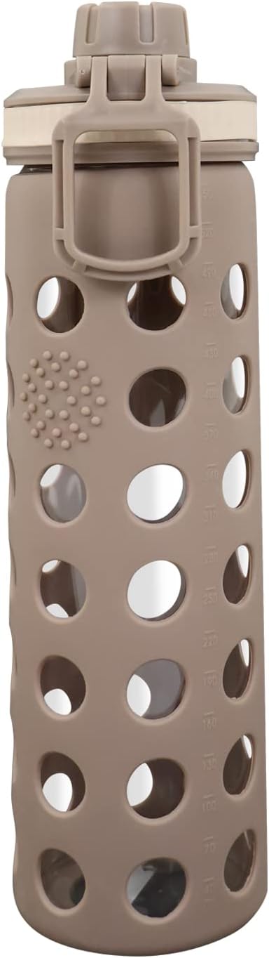 Modern-Depo 20oz Clear Glass Water Bottles Extra Lid Odor Proof and Stain Resistant Wide Mouth Reusable Fitness Sports Bottle with Sleeve, Motivational Water Jug, Smoking