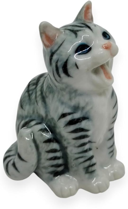 WitnyStore Tiny 1⅜" Long Gray White Tabby Shorthair Cat Sitting Yawn Figurine - Miniature Hand Made Painted Ceramic Cats Kitten Feline Animal Cute Porcelain Decorative Collectible Figures Décor Gifts