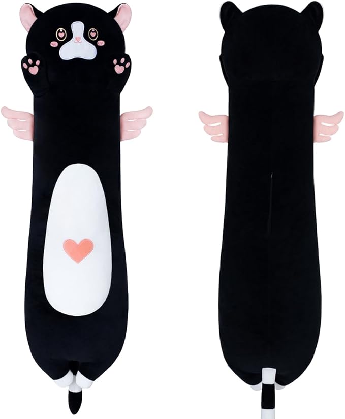 Long Plush Toy Cat Pillow Cute Plush Cat Toy Doll Stuffed Animal Cat Hugging Pillow for Sleeping Gift for Kids and Girls(Black&Pink,70cm/27.5in)