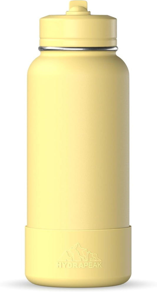 Hydrapeak 32oz Sport Insulated Water Bottle with Straw or Chug Lid, Leak & Spill Proof, Keeps Drinks Cold for 24 Hours, Hot for 12 Hours, Premium Stainless Steel Water Bottles (32oz, Canary)
