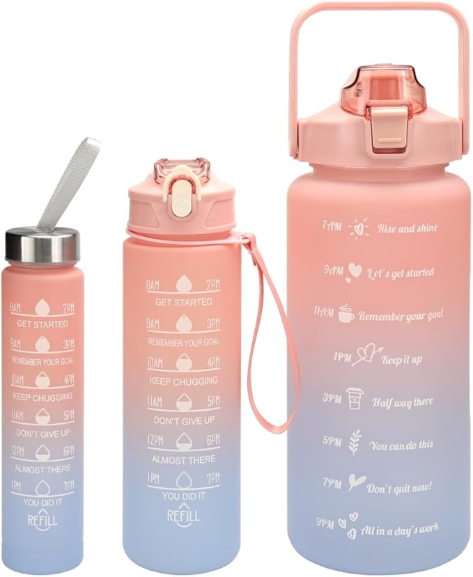 3in1 Motivational Water Bottle with Time Marker, 64oz 32oz 16oz Bottle with Straw, Outdoor,Travel,BPA pink