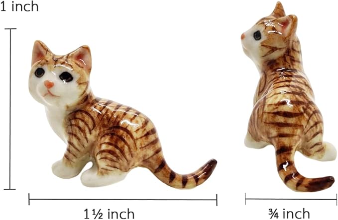 WitnyStore Tiny 1½" Long Brown White Tabby Shorthair Cat Tiptoeing Figurine - Miniature Hand Made Painted Ceramic Cats Kitten Feline Animal Cute Porcelain Decorative Collectible Figurines Décor Gifts