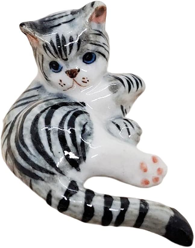 WitnyStore Tiny 1⅜" Gray White Tabby Shorthair Cat Lying Look Back Hang Tail Figurine - Miniature Hand Made Ceramic Cats Kitten Feline Animal Cute Porcelain Decorative Collectible Figures Décor Gifts