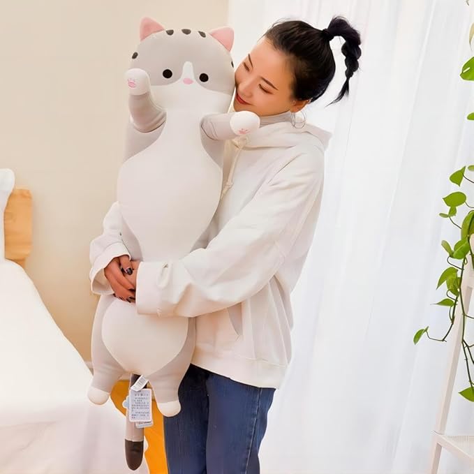 Cat Soft Plush Pillow Cute Cat Body Pillow, Long Stuffed Cat Plush Cat Stuffed Animal Toy Kitten Long Throw Pillow Gift for Kids Girlfriend(70CM,Grey)
