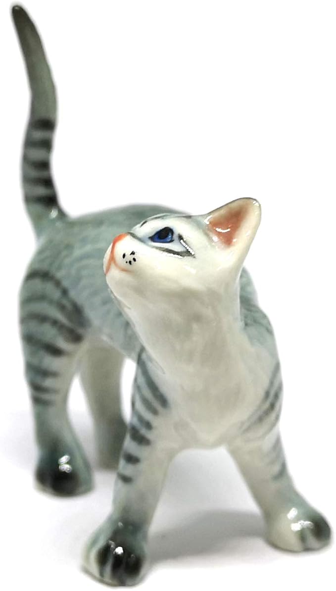 ZOOCRAFT Ceramic Cat Figurine Miniatures Stretching Gray Pet Lovers Collectibles Hand Painted Animal Poecelain