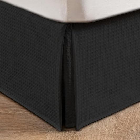 MIYE Pleated Waffle Weave Bed Skirt, Tailored Dust Ruffle 12 Inch Drop Easy Fit, Machine Washable (Black, Queen - 12" Drop)