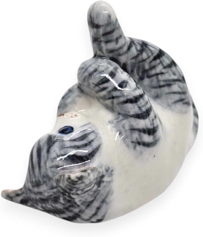 WitnyStore Tiny 1¾" Long White Gray Tabby Shorthair Cat Lying Leg Up Figurine - Miniature Hand Made Painted Ceramic Cats Kitten Feline Animals Cute Porcelain Decorative Collectible Figure Décor Gifts