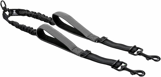 SparklyPets Double Dog Leash for 2 Dogs – Rope Bungee Dual Leash for Medium and Large Breeds with Padded Handles & Tangle Free (Gray Coupler, Medium/Large)