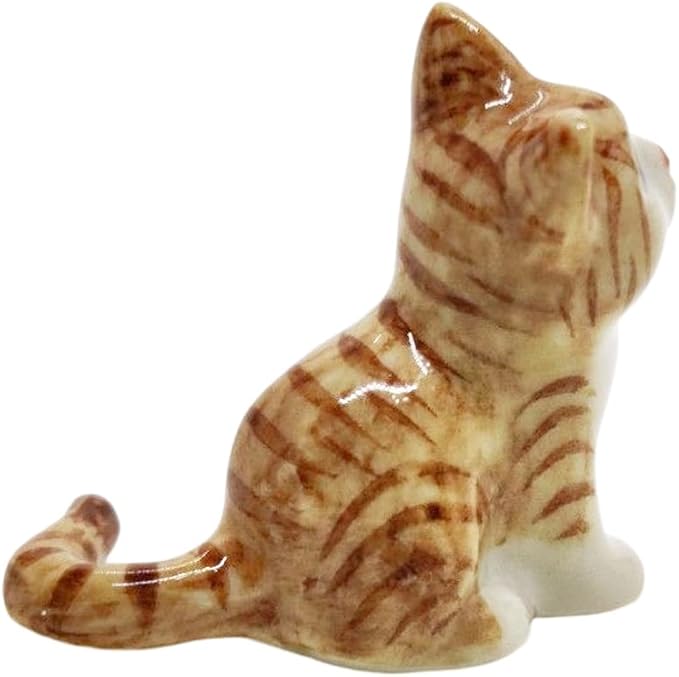 WitnyStore Tiny 1⅛" Long Brown White Tabby Shorthair Cat Sitting Figurine - Miniature Hand Made Painted Ceramic Cats Kitten Feline Animal Cute Porcelain Decorative Collectible Figurines Décor Gifts