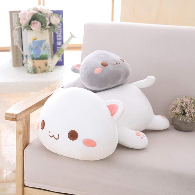 Cat Stuffed Animals, Soft Cat Plush Pillow Kawaii Kitten Stuffed Animal Toy Gifts for Kids (White Squint Eyes, 19.6")