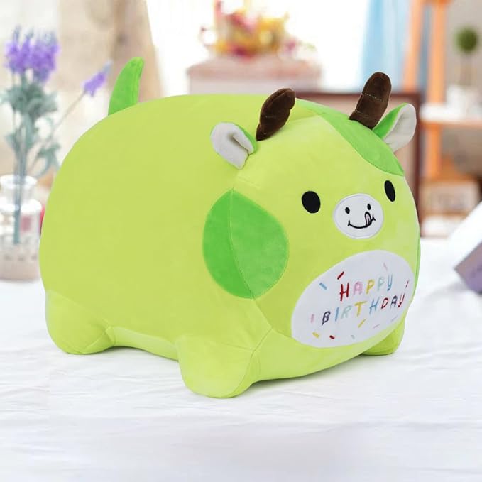 Birthday Cow Plush Pillow Stuffed Animal Toy, Green Birthday Cartton Cow Plush Stuffed Animals, Soft Animal Plush Pillow for Kids(Cow, 40cm/15.7inch)