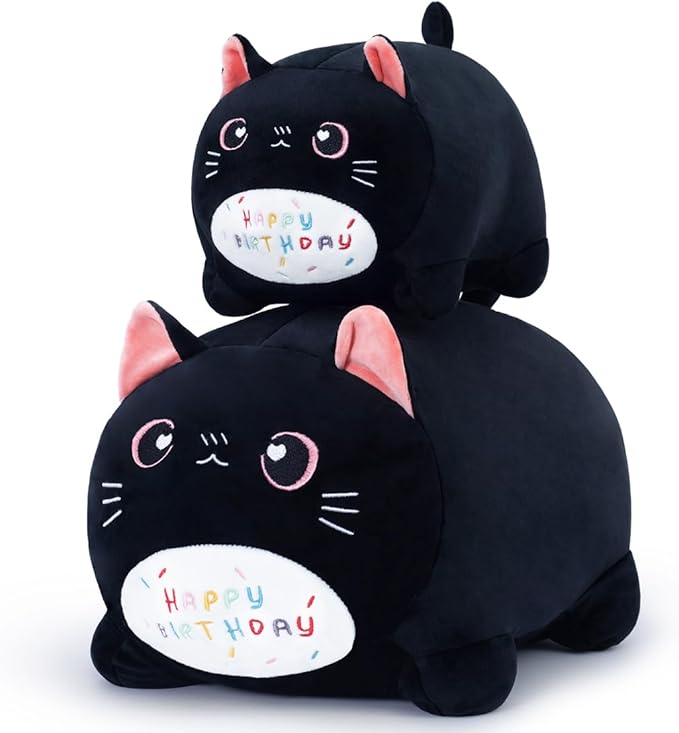 Birthday Cat Plush Pillow Stuffed Animal Toy, Black Birthday Cat Plush Stuffed Animals, Soft Cat Plush Pillow for Kids(Black Cat, 40cm/15.7inch)