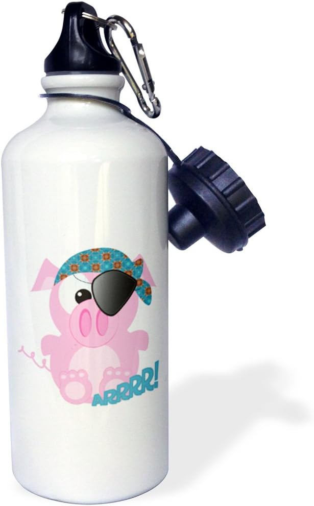 3dRose "Cute Goofkins Piggy Pirate Cartoon" Sports Water Bottle, 21 oz, White
