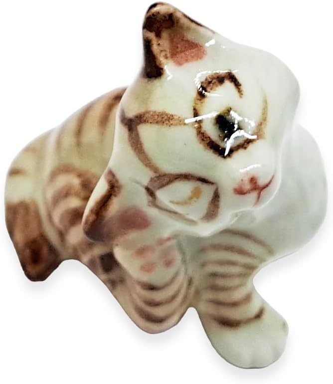 WitnyStore Tiny 1½" Brown White Tabby Shorthair Cat Scratching Ear Figurine - Miniature Hand Made Painted Ceramic Cats Kitten Feline Animal Cute Porcelain Decorative Collectible Figurines Décor Gifts