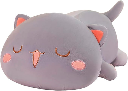FUYU Cat Stuffed Animals, Soft Cat Plush Pillow Kawaii Kitten Stuffed Animal Toy Gifts for Kids Boys Girls Room Decor (Gray Squinted,19in/50cm)