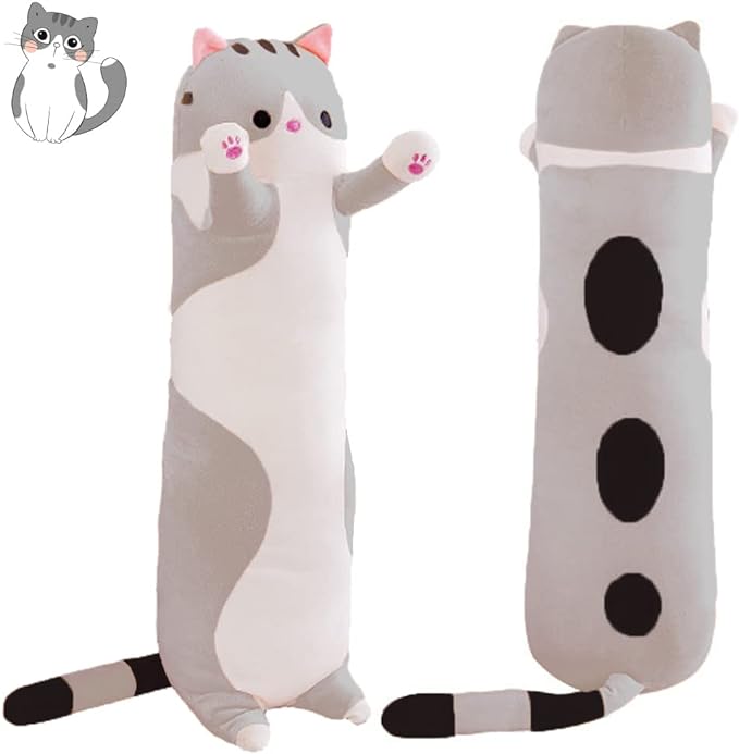 Cat Soft Plush Pillow Cute Cat Body Pillow, Long Stuffed Cat Plush Cat Stuffed Animal Toy Kitten Long Throw Pillow Gift for Kids Girlfriend(130cm, Grey)