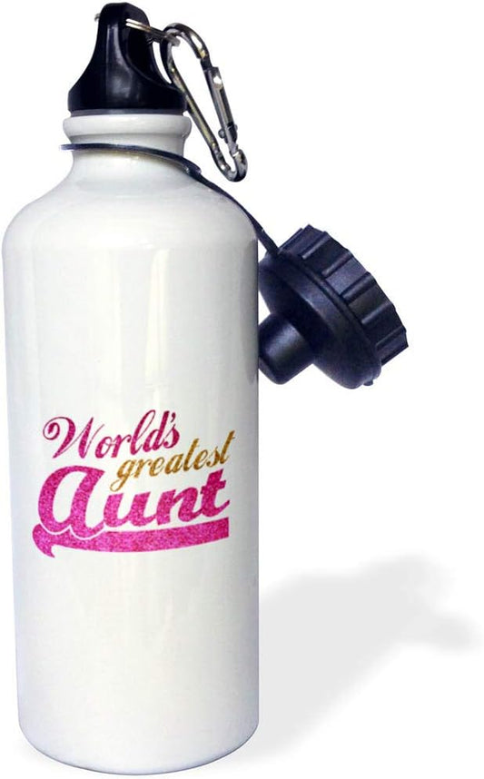 3dRose Worlds Greatest Aunt-Best Auntie Ever-Pink and Gold Text-Faux Sparkles-Matte Glitter-Look Sports Water Bottle, 21 oz, White