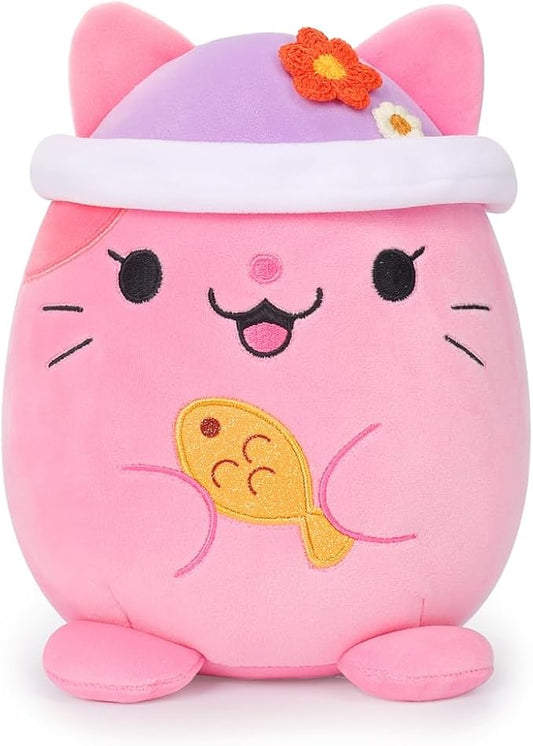 AIXINI Cute Pink Cat Plush Pillow 8" Kitten Stuffed Animal, Soft Kawaii Cat Plushie with Hat Outfit Costume Gift