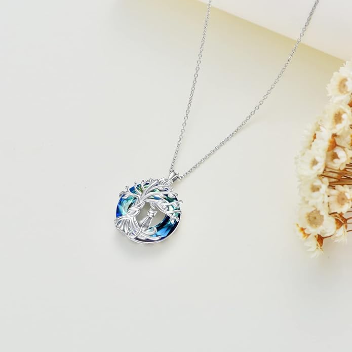 TOUPOP Cat Gifts for Cat Lovers Sterling Silver Cute Cat Tree of Life Pendant Necklace with Blue Circle Crystal Birthday Christmas Jewelry Gifts for Women
